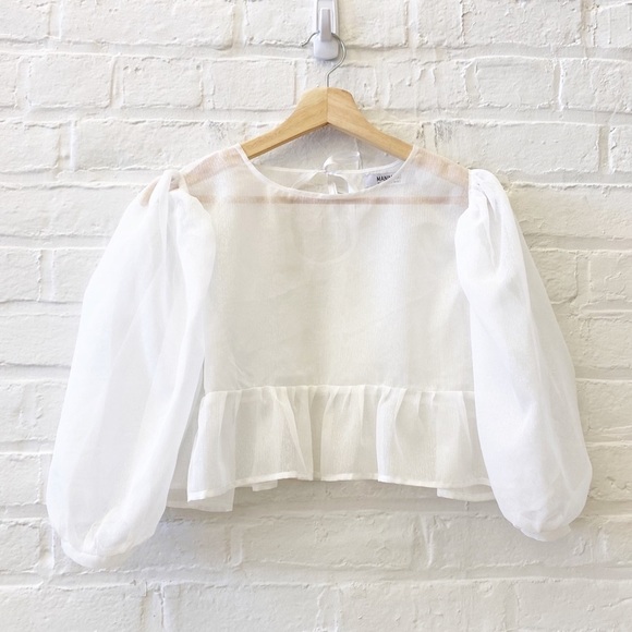 Manimami || Boxy Puff Sleeve Sheer Top Blouse Topper Crop  White - Picture 1 of 6